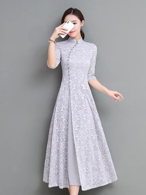 xakxx Gray&Coffee Lace A-line Long Cheongsam Ao Dai