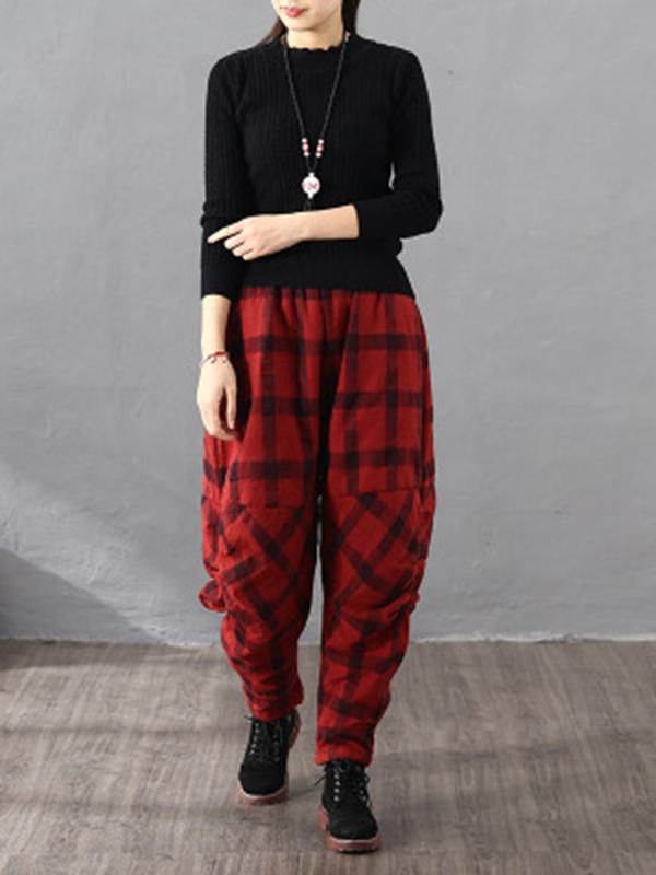 xakxx Vintage Plaid Thickening Pleated Harem Pants