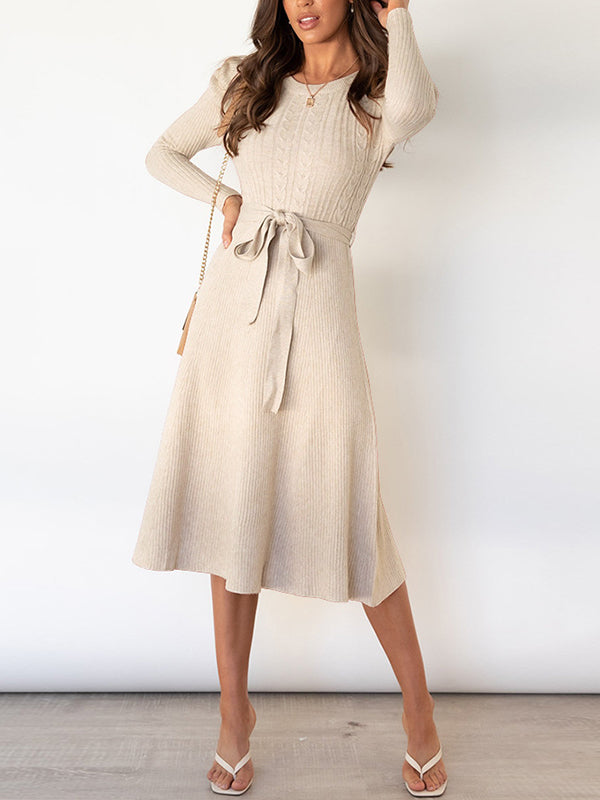 xakxx High Waisted Long Sleeves Solid Color Tied Waist Round-Neck Midi Dresses Sweater Dresses