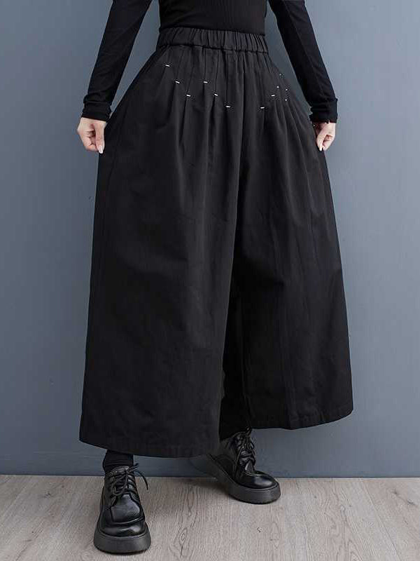 xakxx Loose Wide Leg Elasticity Embroidered Pleated Ninth Pants Trousers