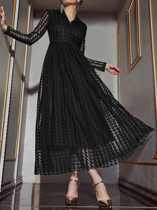 xakxx High Waisted Long Sleeves Buttoned Gauze See-Through Solid Color V-Neck Maxi Dresses