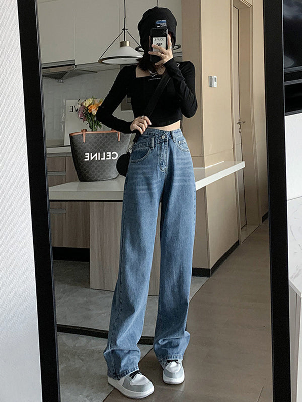 xakxx Casual High Waisted Denim Wide Leg Jean Pants
