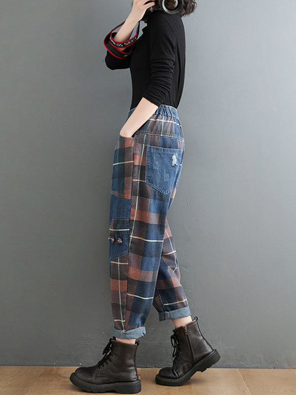 xakxx Original Artistic Retro Plaid Jean Pants
