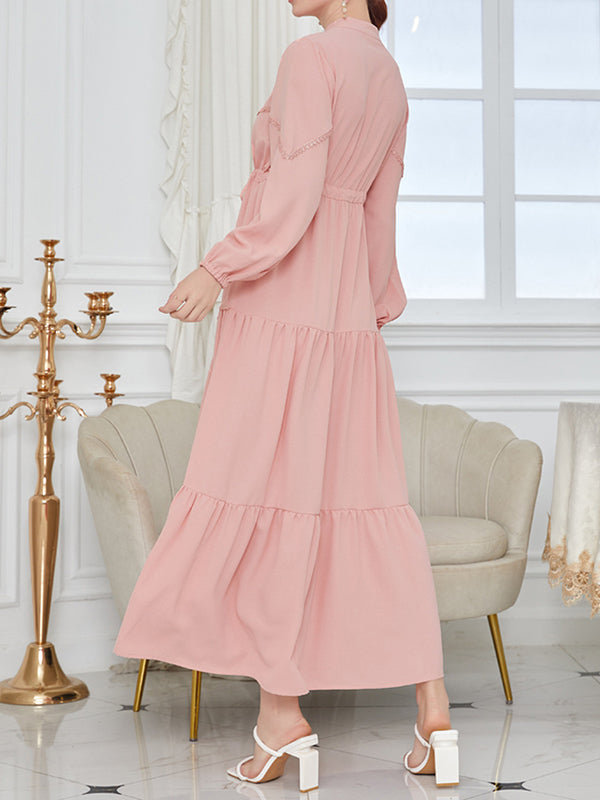xakxx A-Line Bishop Sleeve Buttoned Drawstring Pleated Split-Joint Mock Neck Maxi Dresses