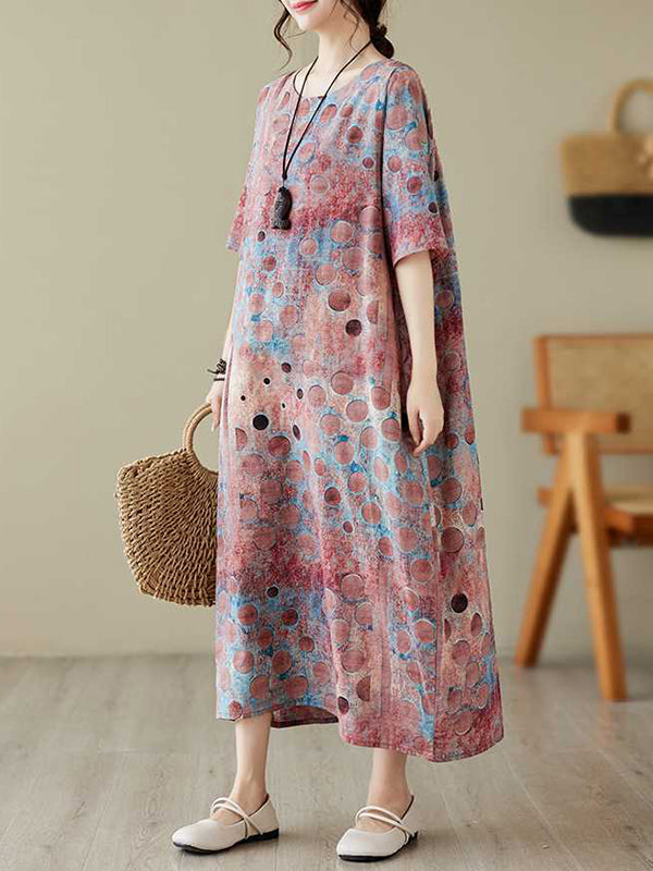 xakxx Half Sleeves Loose Contrast Color Polka-Dot Printed Round-Neck Midi Dresses