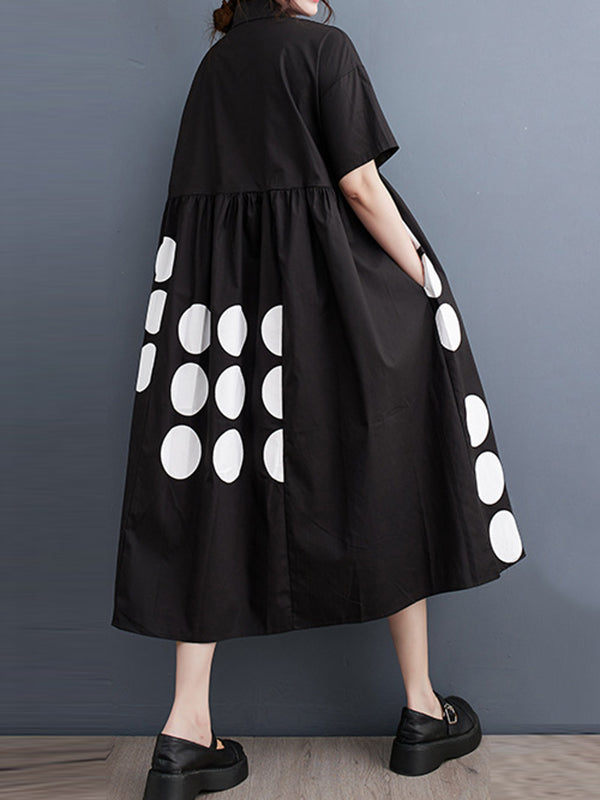 xakxx A-Line Loose Buttoned Pockets Polka Dot Printed Lapel Midi Dresses