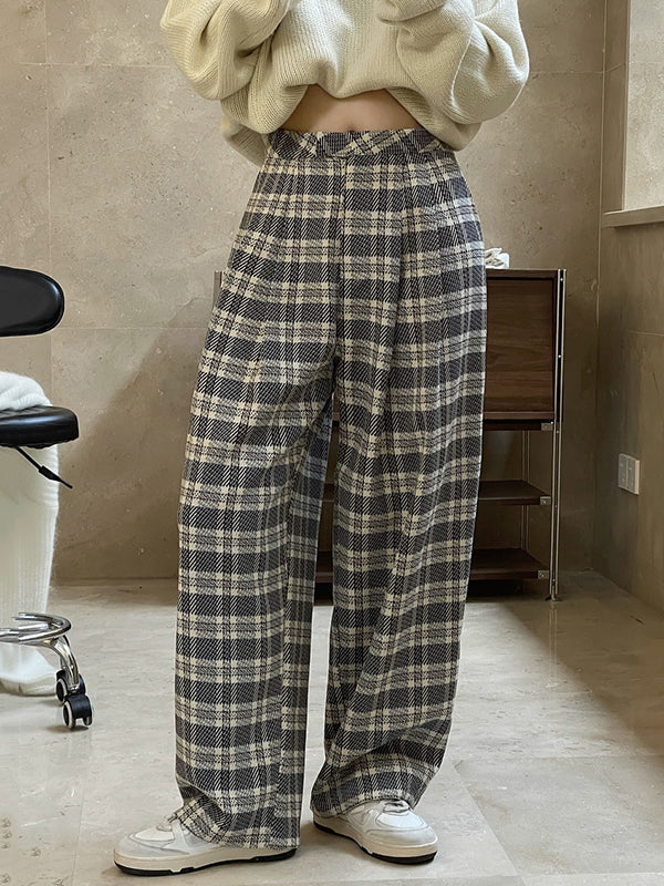 xakxx Vintage Wide Leg High-Waisted Pleated Plaid Pants