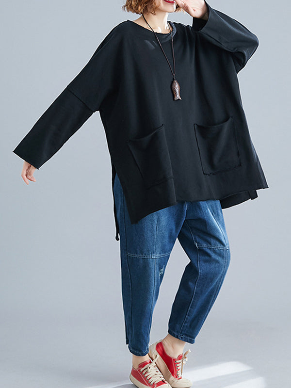 xakxx High-Low Long Sleeves Pockets Solid Color Split-Joint Split-Side Round-Neck Sweatshirt Tops