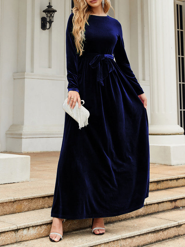 xakxx Long Sleeves Wrap Belted Pleated Solid Color Zipper Round-Neck Maxi Dresses