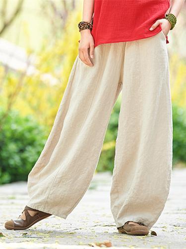 xakxx Beige&White Ramie Cotton Casual Linen Bloomers Pants