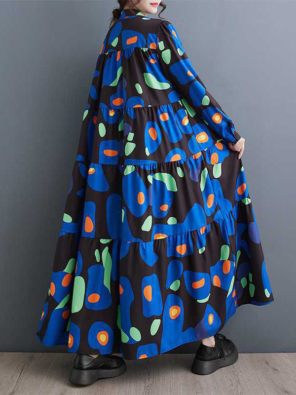 xakxx A-Line Long Sleeves Buttoned Pleated Printed Split-Joint Round-Neck Midi Dresses