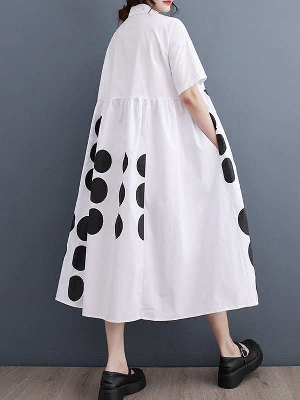 xakxx A-Line Loose Buttoned Pockets Polka Dot Printed Lapel Midi Dresses