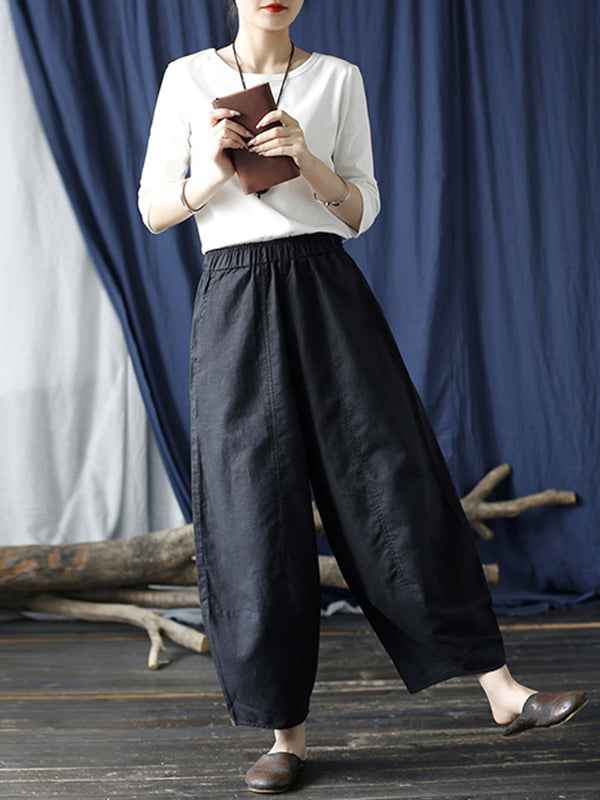 xakxx Simple Solid Color Elasticity Waisted Wide Leg Pants