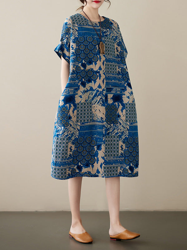 xakxx Original Loose Short Sleeves Contrast Color Printed Round-Neck Midi Dresses