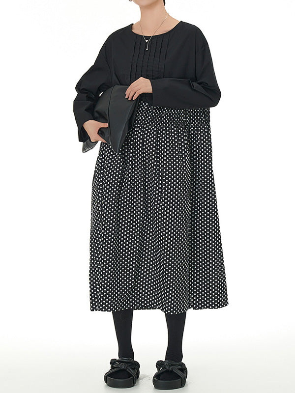 xakxx Long Sleeves Loose Contrast Color Elasticity Pleated Polka-Dot Split-Joint Round-Neck Midi Dresses