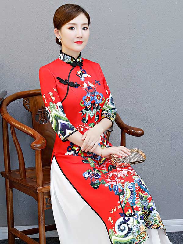 xakxx Red Split-Joint Seven-Quarter Sleeves Ao Dai Long Cheongsams