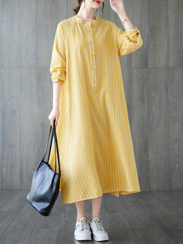 xakxx Long Sleeves Loose Buttoned Split-Side Striped Round-Neck Midi Dresses Shirt Dress