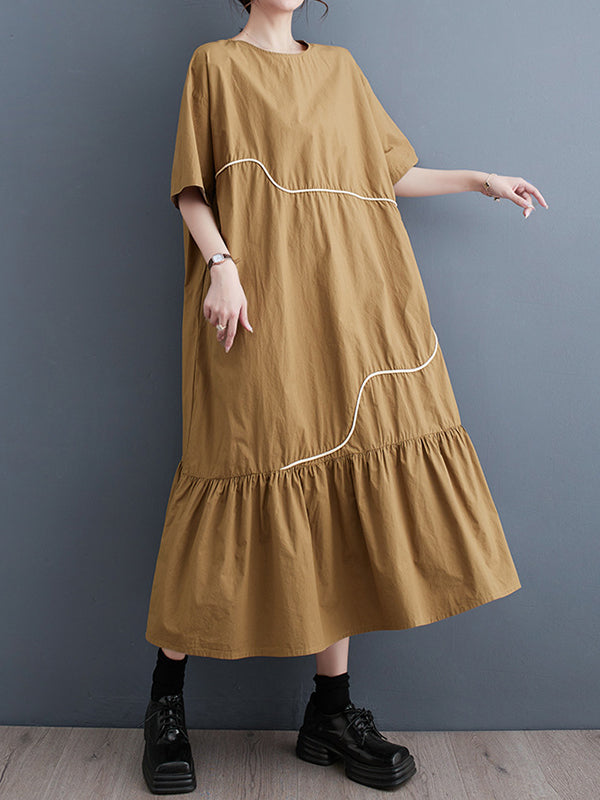xakxx Loose Short Sleeves Pleated Split-Joint Round-Neck Midi Dresses