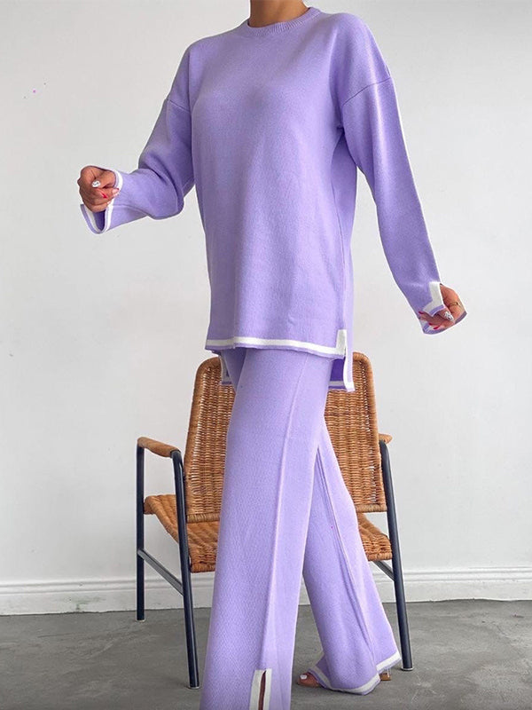 xakxx xakxx-Urban Loose Contrast Color Long Sleeves Round-Neck Sweater Tops & Pants Suits