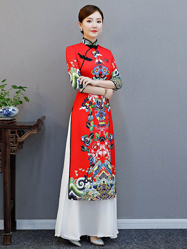 xakxx Red Split-Joint Seven-Quarter Sleeves Ao Dai Long Cheongsams