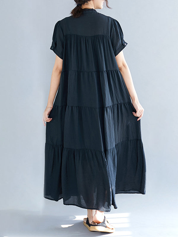 xakxx Vintage Loose Split-Joint Pleated Short Sleeves Round-Neck Midi Dress