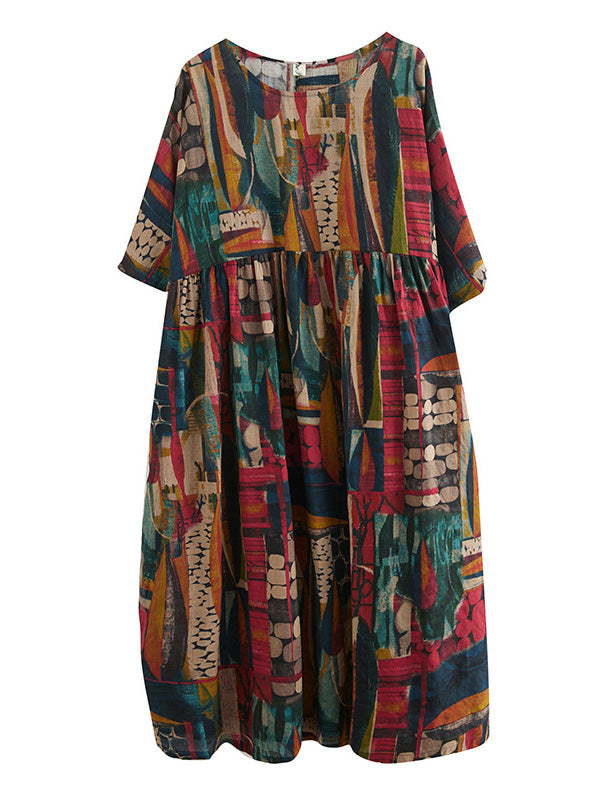xakxx Vintage Loose Abstract Printed Pleated Round-Neck Half Sleeves Midi Dress