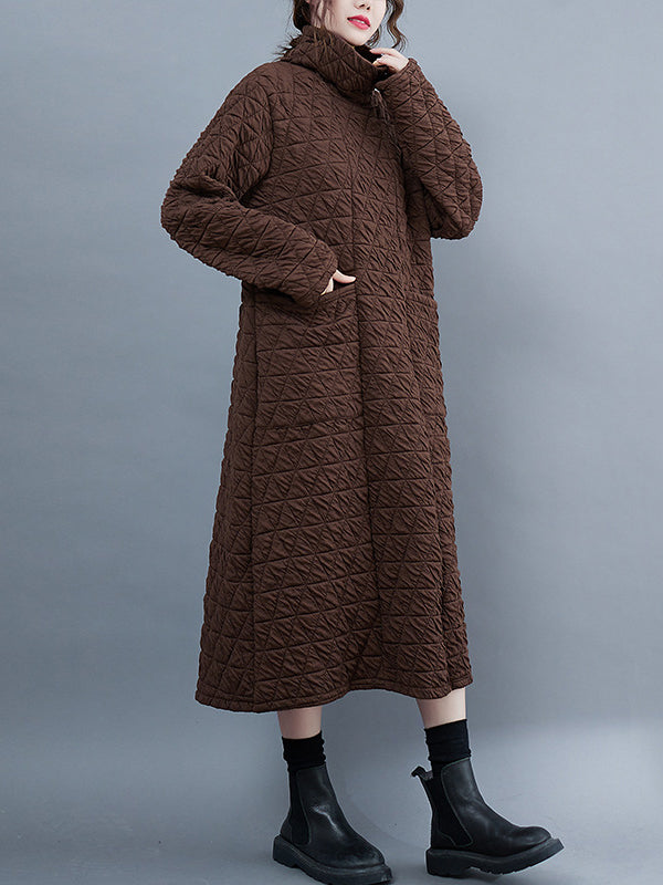 xakxx Casual Long Sleeves Loose Solid Color Textured High-Neck Cotton Padded Midi Dresses
