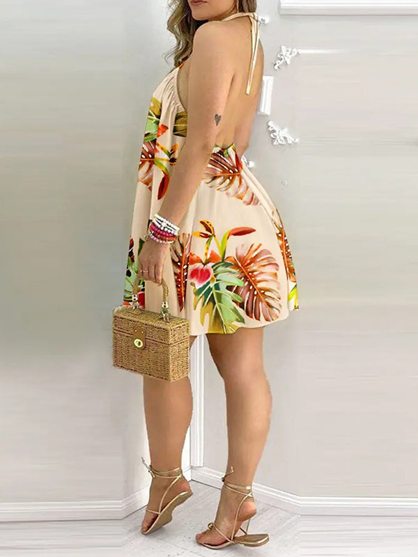 xakxx Loose Sleeveless Contrast Color Leaf Printed Halter-Neck Mini Dresses