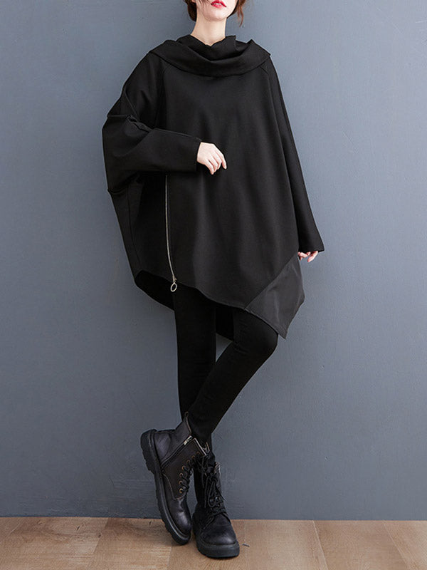 xakxx Long Sleeves Loose Asymmetric Split-Joint Zipper Heaps Collar Sweatshirt Tops