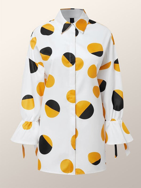 xakxx Long Sleeves Loose Contrast Color Polka Dot Printed Lapel Blouses