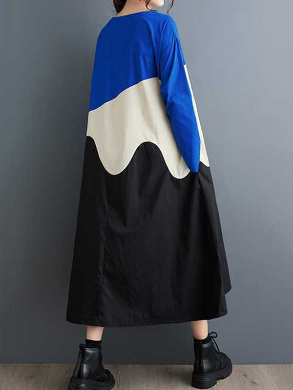 xakxx A-Line Long Sleeves Contrast Color Round-Neck Midi Dresses