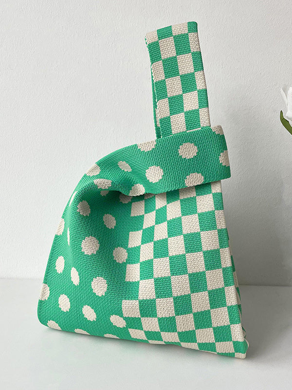 xakxx Contrast Color Plaid Polka-Dot Woven Handbag
