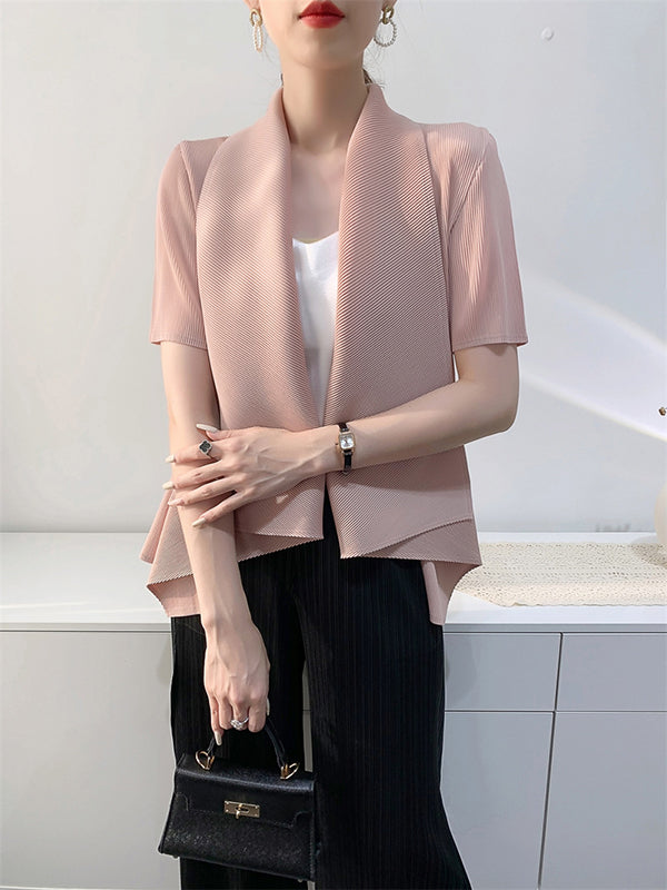 xakxx Loose Short Sleeves Pleated Solid Color Collarless Outerwear