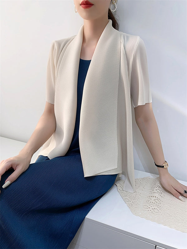 xakxx Loose Short Sleeves Pleated Solid Color Collarless Outerwear