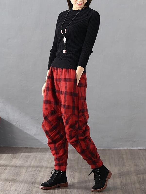xakxx Vintage Plaid Thickening Pleated Harem Pants
