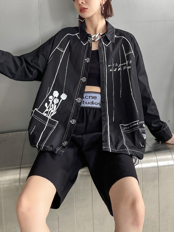 xakxx Casual Contrast Color Printed Drawstring Blouse Top