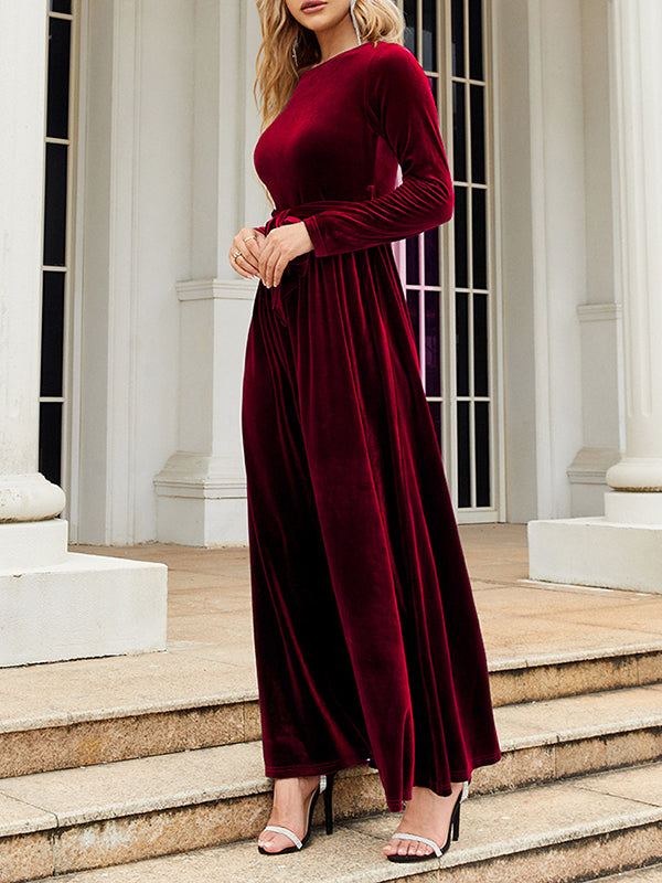 xakxx Long Sleeves Wrap Belted Pleated Solid Color Zipper Round-Neck Maxi Dresses