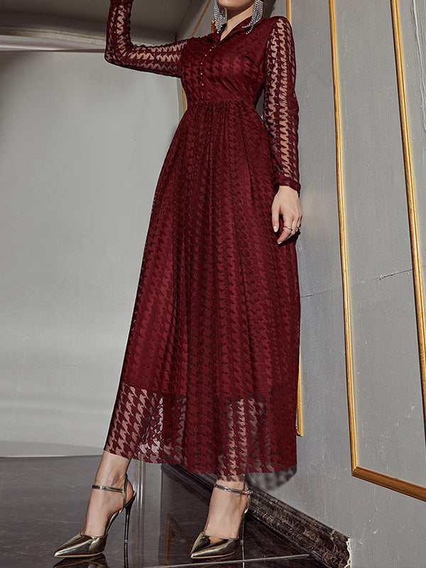 xakxx High Waisted Long Sleeves Buttoned Gauze See-Through Solid Color V-Neck Maxi Dresses