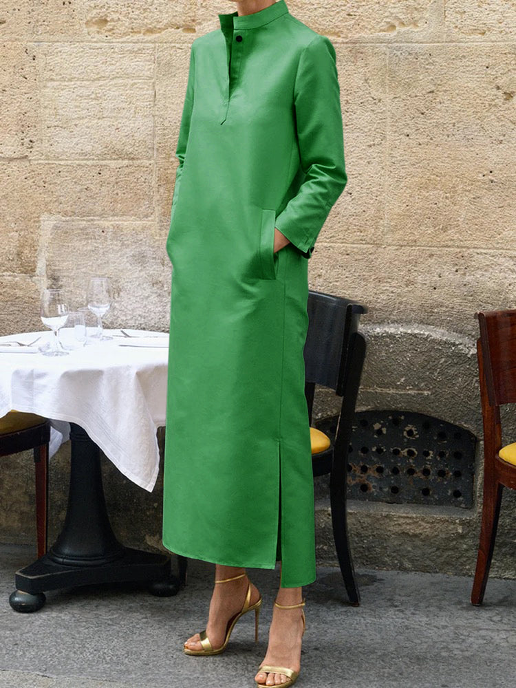 xakxx Long Sleeves Loose Solid Color Split-Side Stand Collar Midi Dresses
