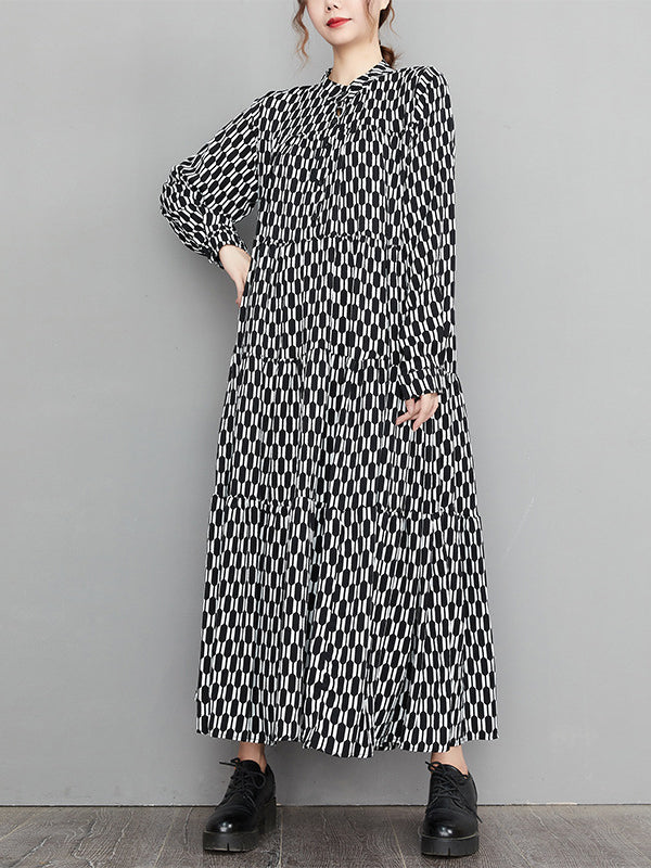 xakxx Casual Long Sleeves Loose Buttoned Contrast Color Printed Split-Joint Stand Collar Midi Dresses