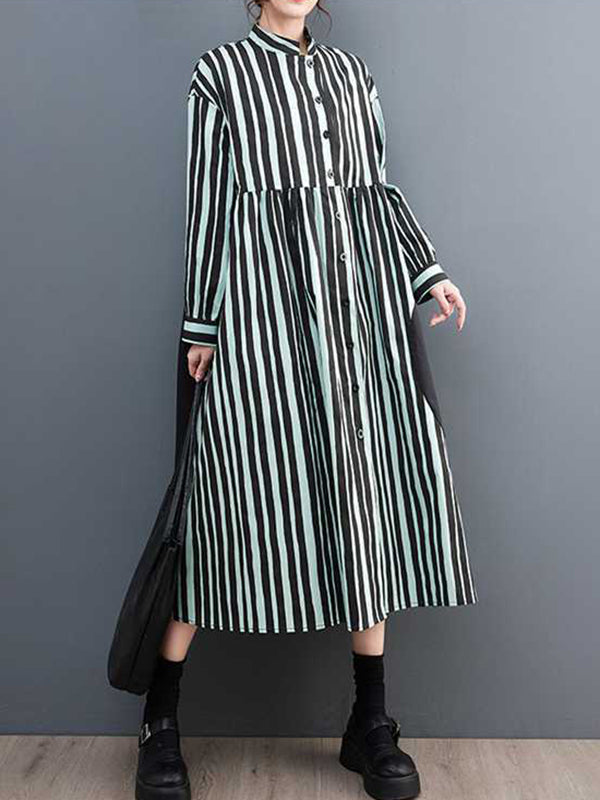xakxx Long Sleeves Loose Buttoned Split-Joint Striped Mock Neck Midi Dresses