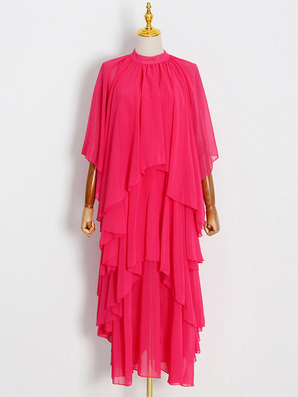 xakxx Loose Raglan Sleeve Solid Color Tiered Stand Collar Maxi Dresses