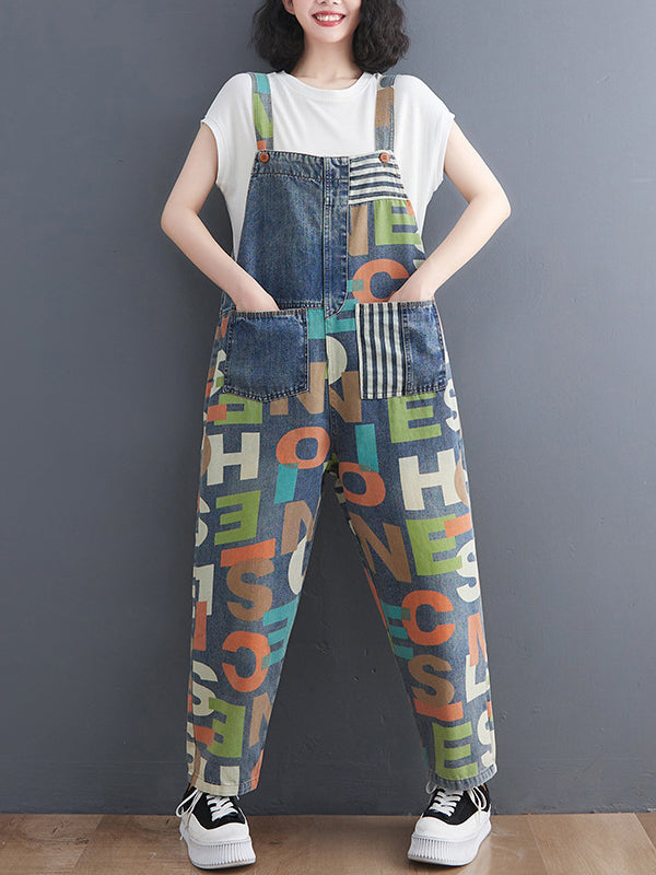 xakxx High Waisted Loose Asymmetric Buttoned Letter Print Pockets Split-Joint Striped Overalls