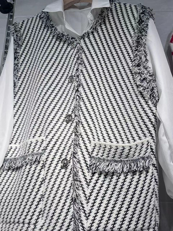 xakxx Loose Sleeveless Buttoned Fringed Pockets Striped V-Neck Vest Outerwear