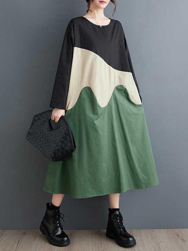 xakxx A-Line Long Sleeves Contrast Color Round-Neck Midi Dresses