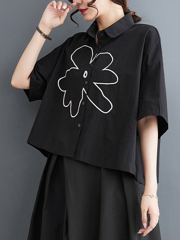 xakxx Loose Short Sleeves Floral Printed Lapel Blouses