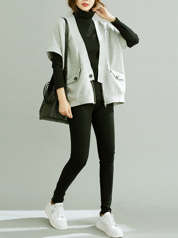 xakxx Batwing Sleeves Half Sleeves Zipper V-Neck Vest Top