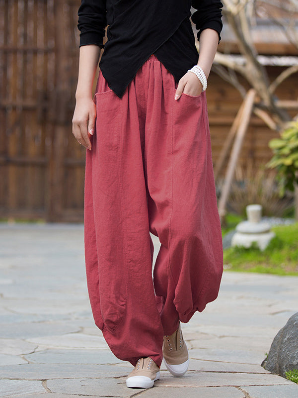 xakxx 7 Colors Casual Wide Leg High Waisted Solid Color Linen Pants