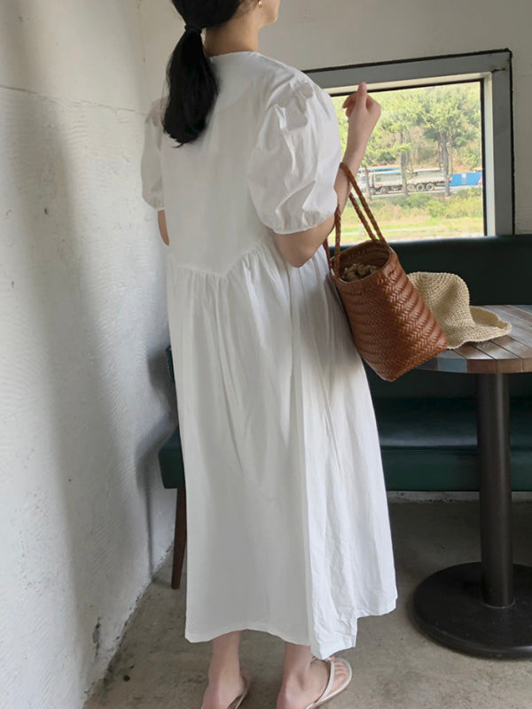 xakxx Original Loose Solid Color Pleated Puff Sleeves Midi Dress