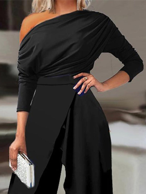 xakxx Solid Color One-Shoulder Long Sleeves T-Shirt + High-Waisted Wide Leg Pants Trousers Two Pieces Set